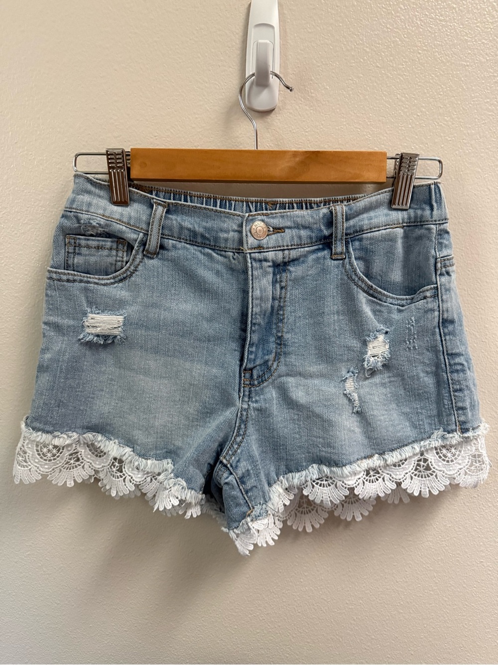Lace Trim Light Blue Denim Shorts for Women